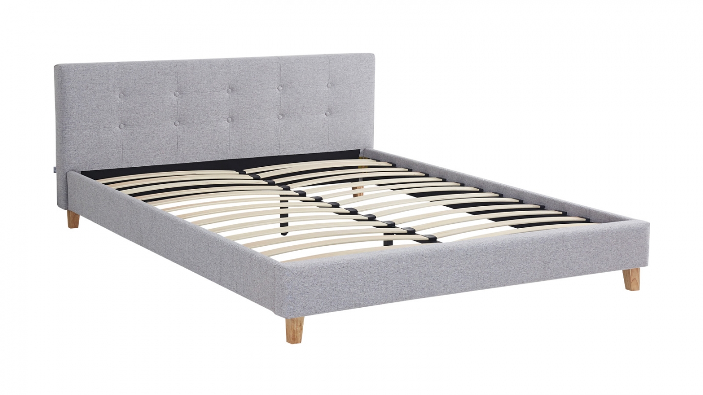 Lit adulte 160x200 cm avec tête de lit capitonnée en tissu gris chiné - Milo