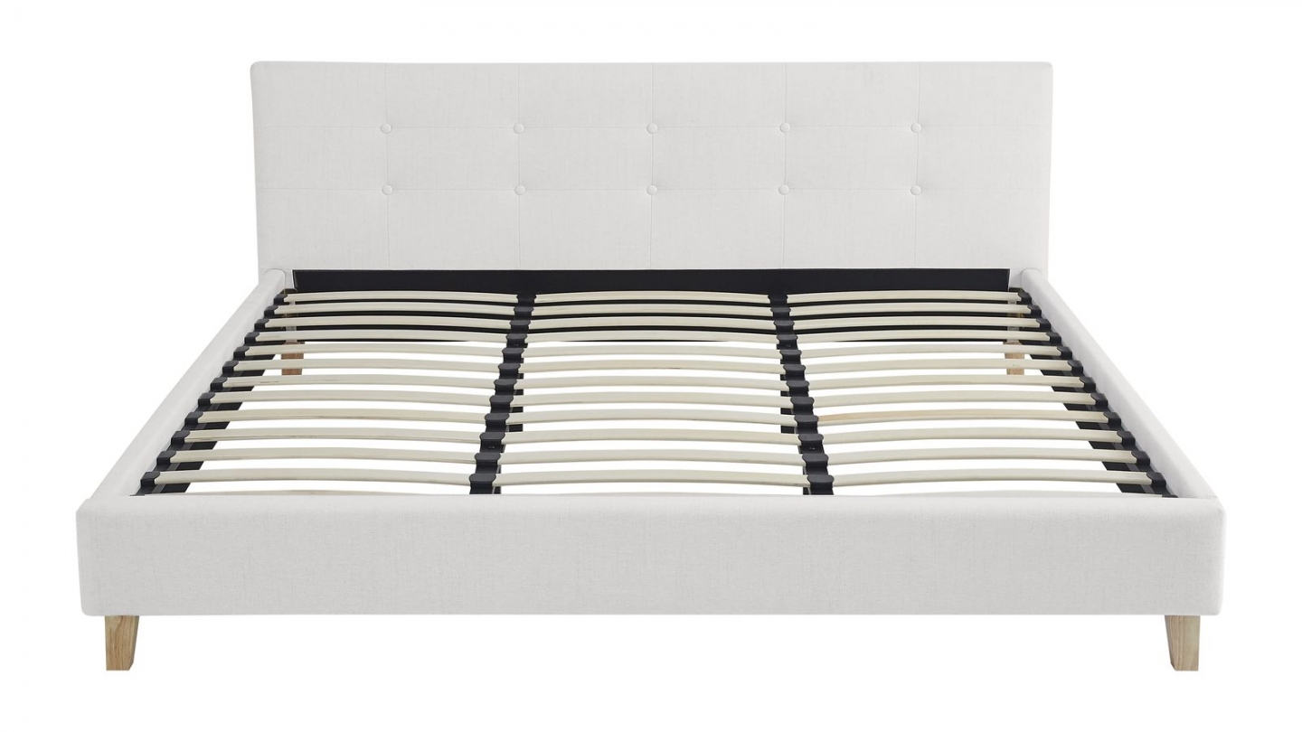 Lit adulte 180x200 cm avec tête de lit capitonnée en tissu beige - Milo