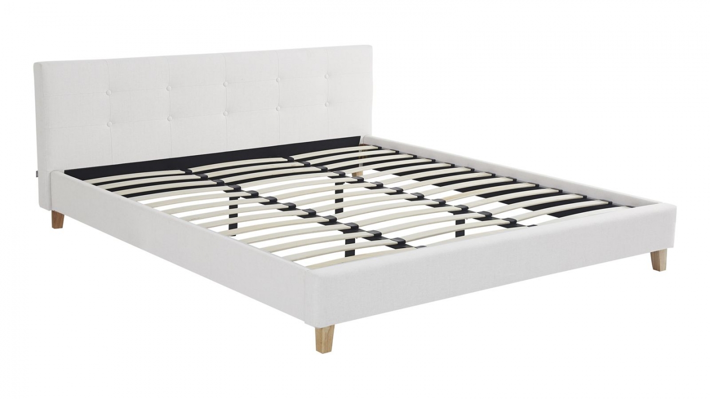 Lit adulte 180x200 cm avec tête de lit capitonnée en tissu beige - Milo