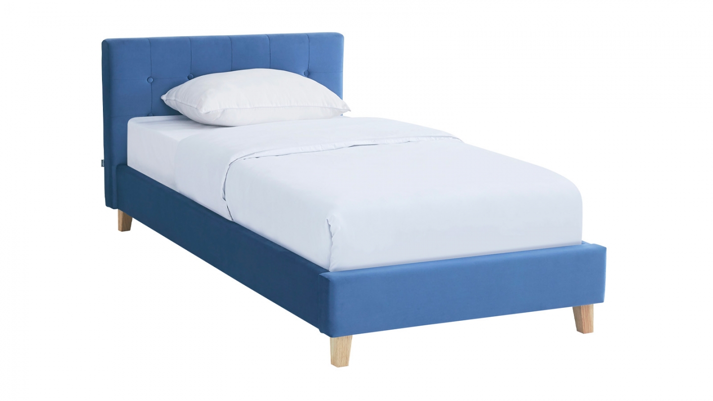 Lit adulte 90x190 cm avec tête de lit capitonnée en velours bleu - Milo
