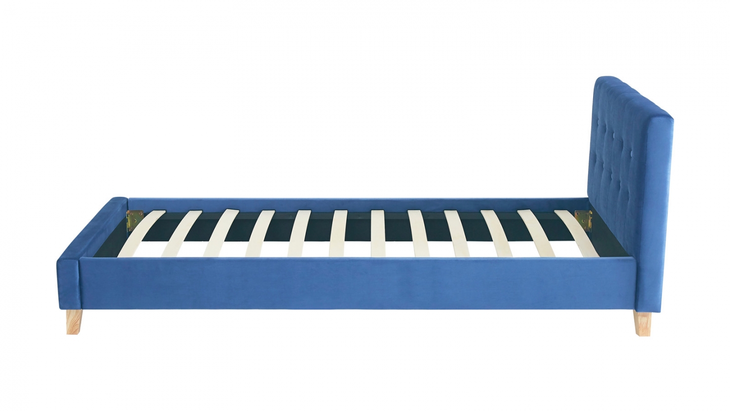 Lit adulte 90x190 cm avec tête de lit capitonnée en velours bleu - Milo