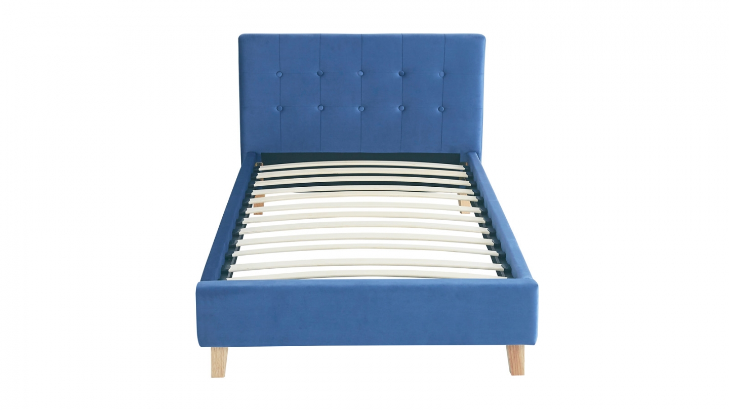 Lit adulte 90x190 cm avec tête de lit capitonnée en velours bleu - Milo