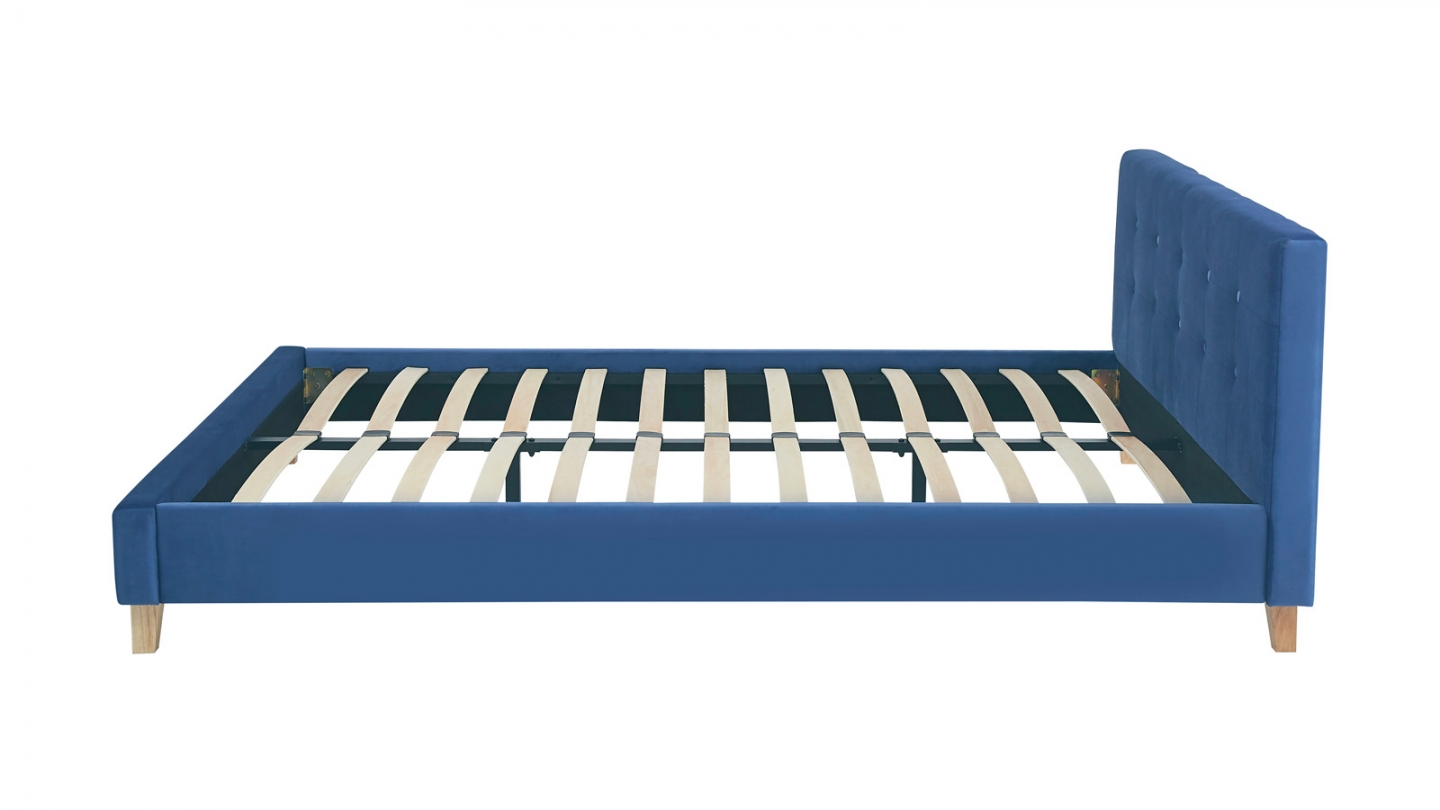 Lit adulte 140x190 cm avec tête de lit capitonnée en velours bleu - Milo