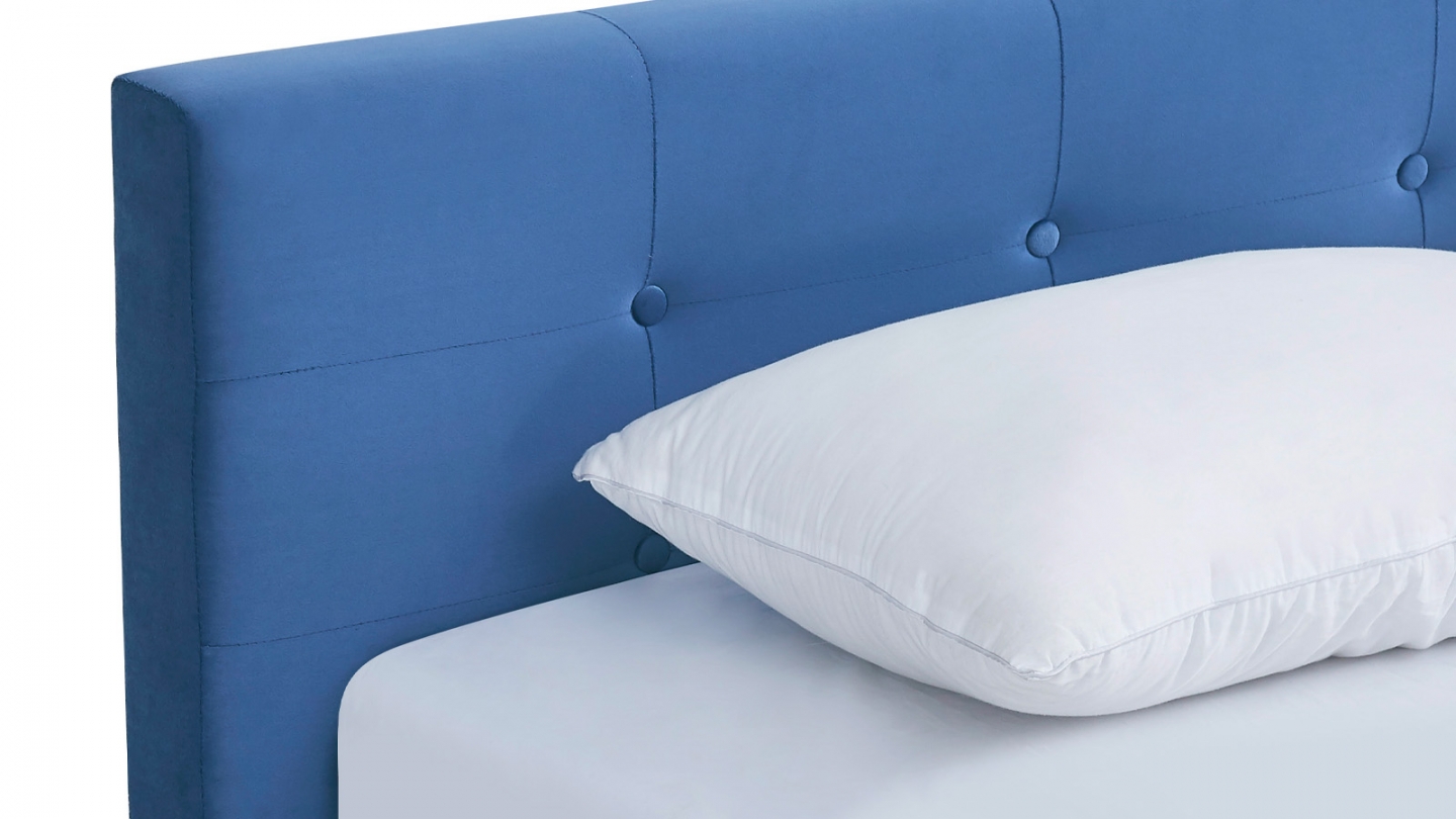 Lit adulte 160x200 cm avec tête de lit capitonnée en velours bleu - Milo