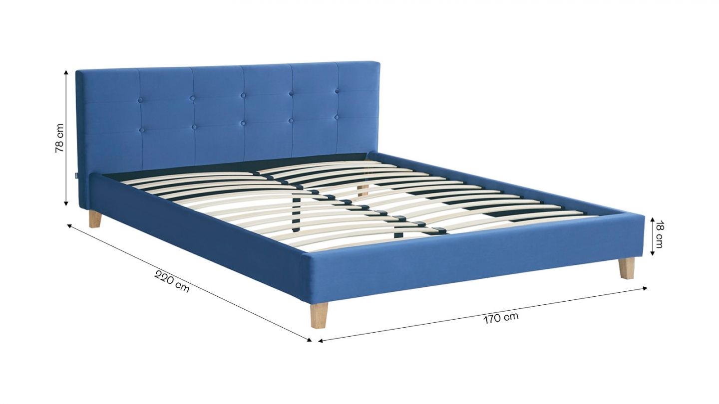 Lit adulte 160x200 cm avec tête de lit capitonnée en velours bleu - Milo