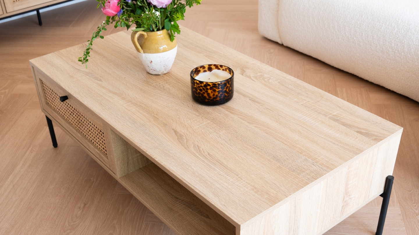 Table basse 1 tiroir en cannage naturel et effet chêne 115 cm - Iris