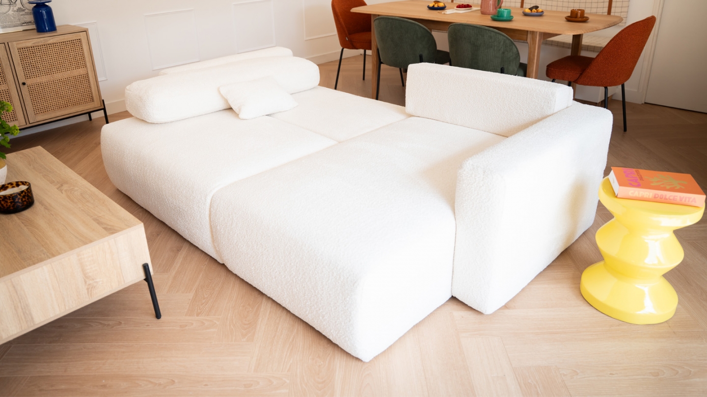 Canapé d'angle réversible convertible 4 places avec coffre de rangement en tissu bouclé beige - Davis
