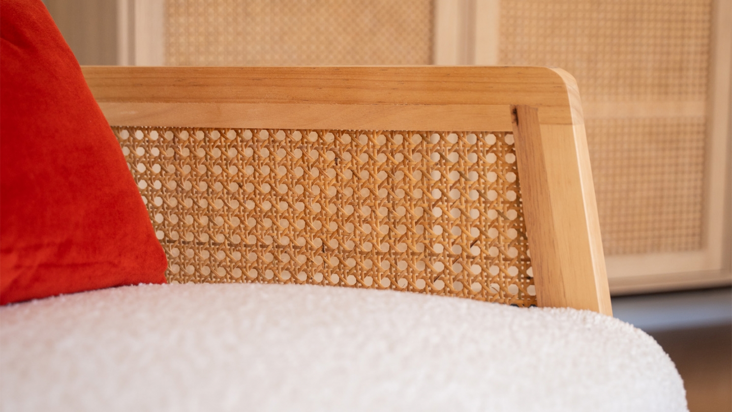 Fauteuil rotin et tissu bouclé écru - Mani
