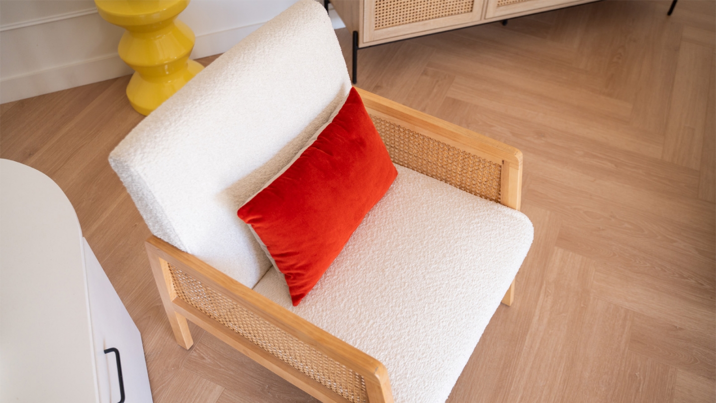 Fauteuil rotin et tissu bouclé écru - Mani