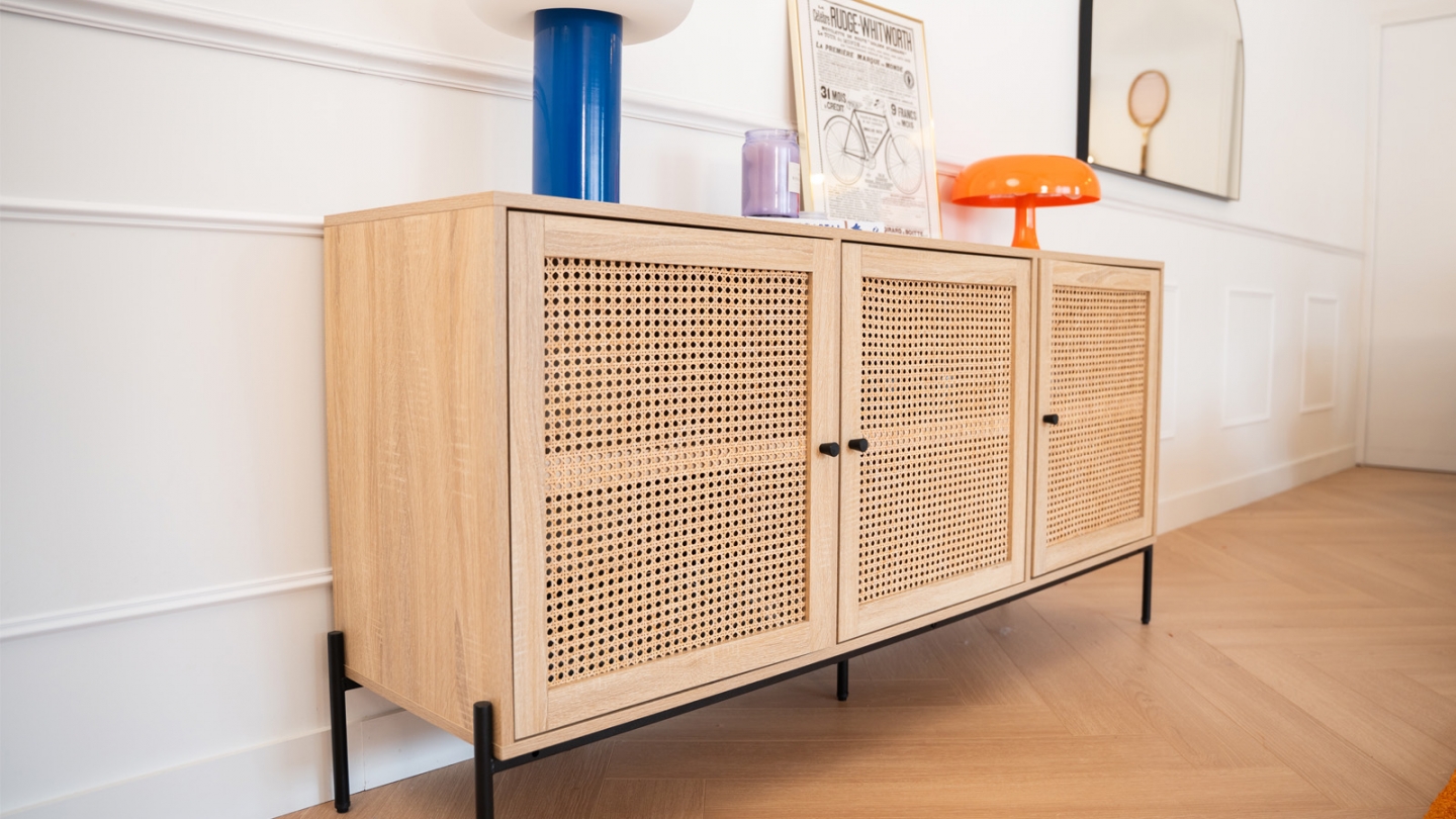 Buffet 3 portes en cannage naturel et effet chêne 160 cm - Iris