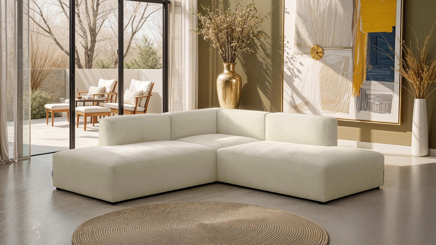 Canapé d'angle modulable réversible 5 places en velours côtelé beige - Modulo