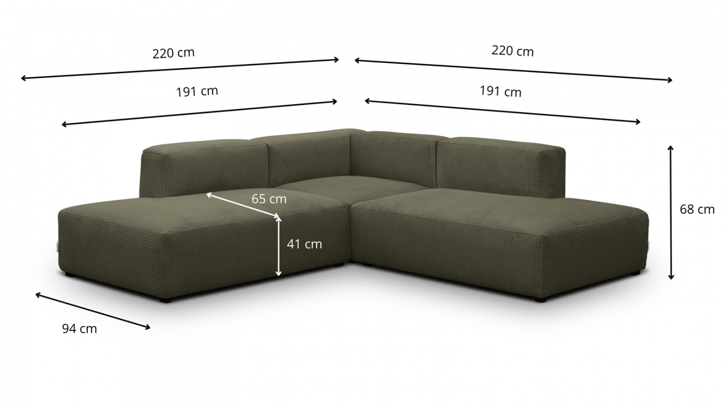 Canapé d'angle modulable réversible 5 places en velours côtelé vert kaki - Modulo