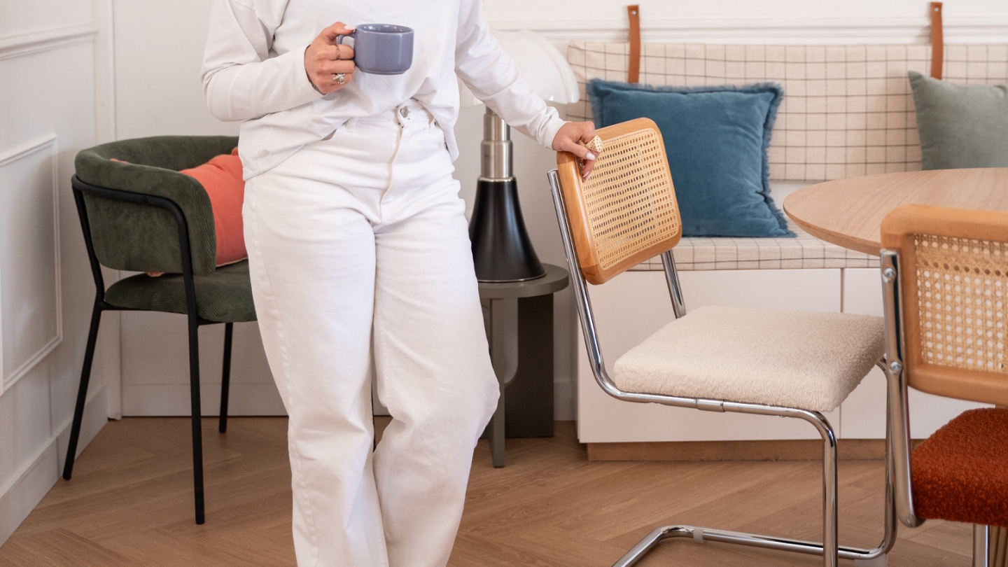 Lot de 2 chaises en rotin, tissu bouclé écru et métal chromé - Muse