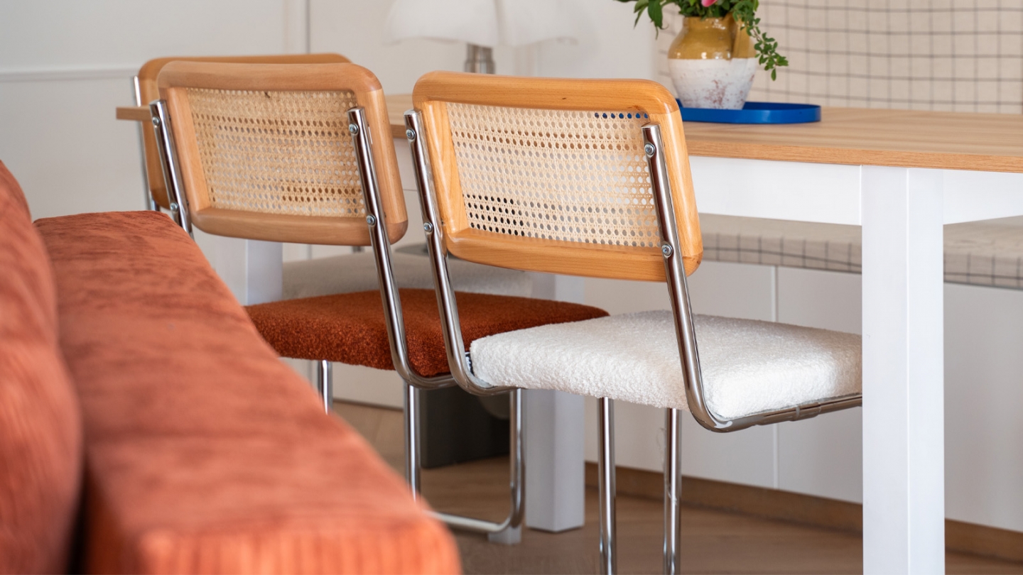 Lot de 2 chaises en rotin, tissu bouclé écru et métal chromé - Muse