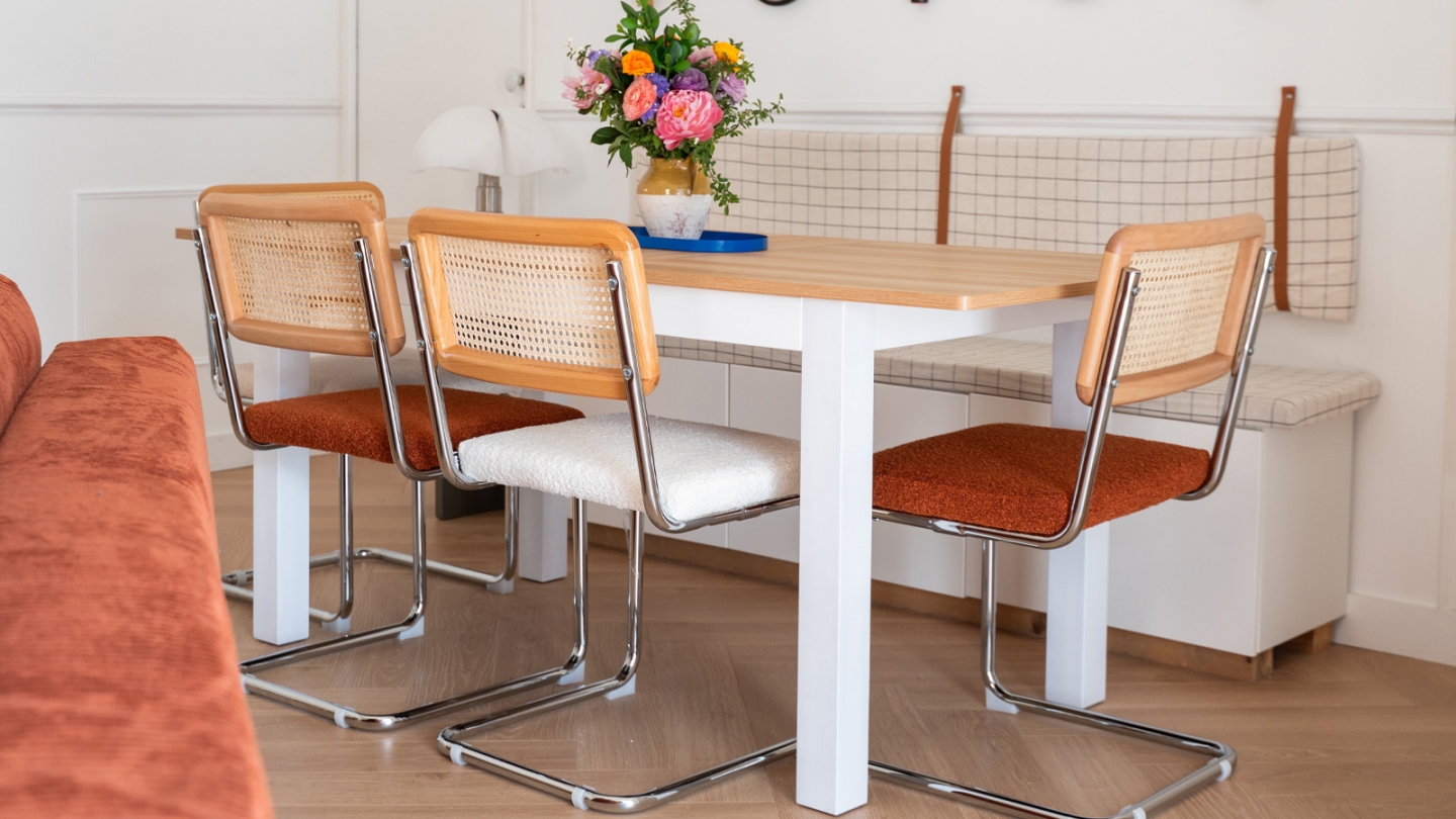 Lot de 2 chaises en rotin, tissu bouclé écru et métal chromé - Muse