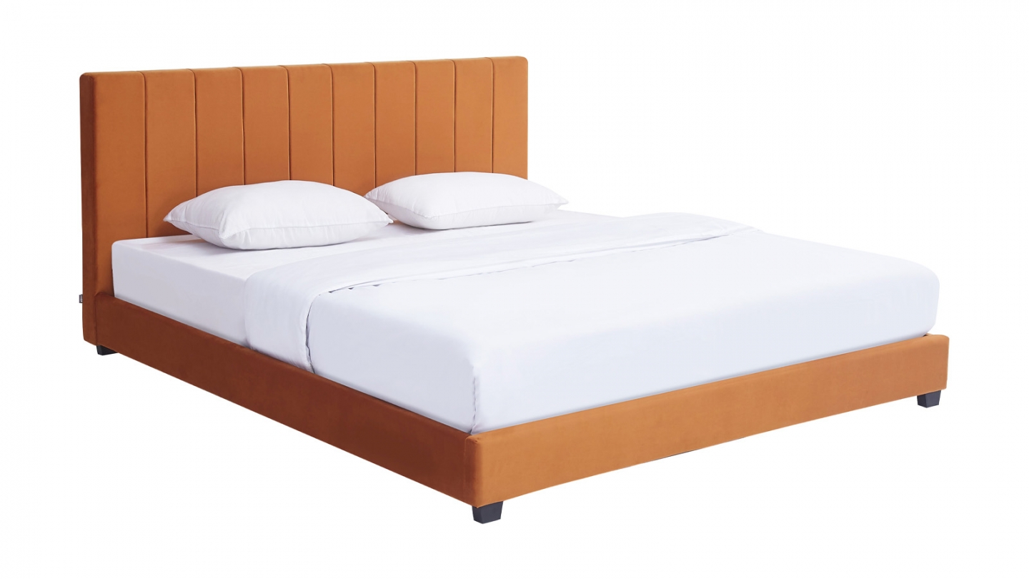 Lit adulte 140x190 cm avec tête de lit capitonnée en velours terracotta - William