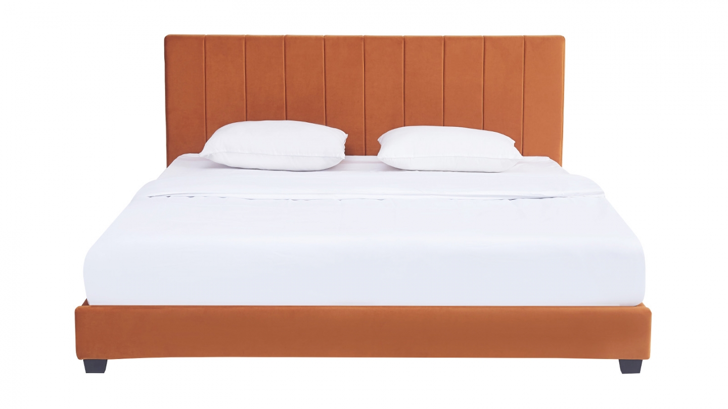 Lit adulte 160x200 cm avec tête de lit capitonnée en velours terracotta - William