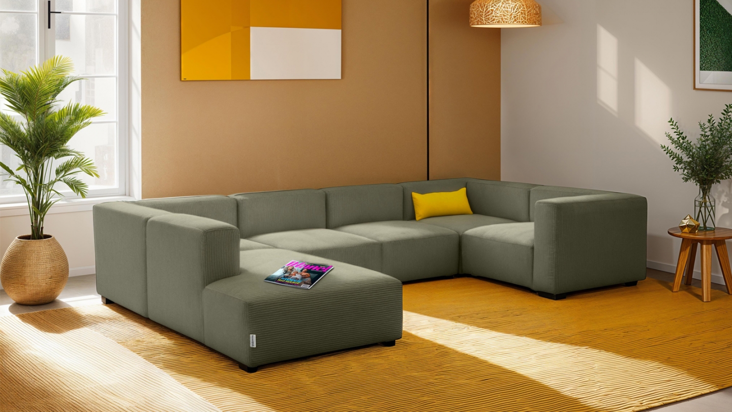Canapé modulable panoramique 9 places ouvert à gauche en velours côtelé vert kaki - Modulo