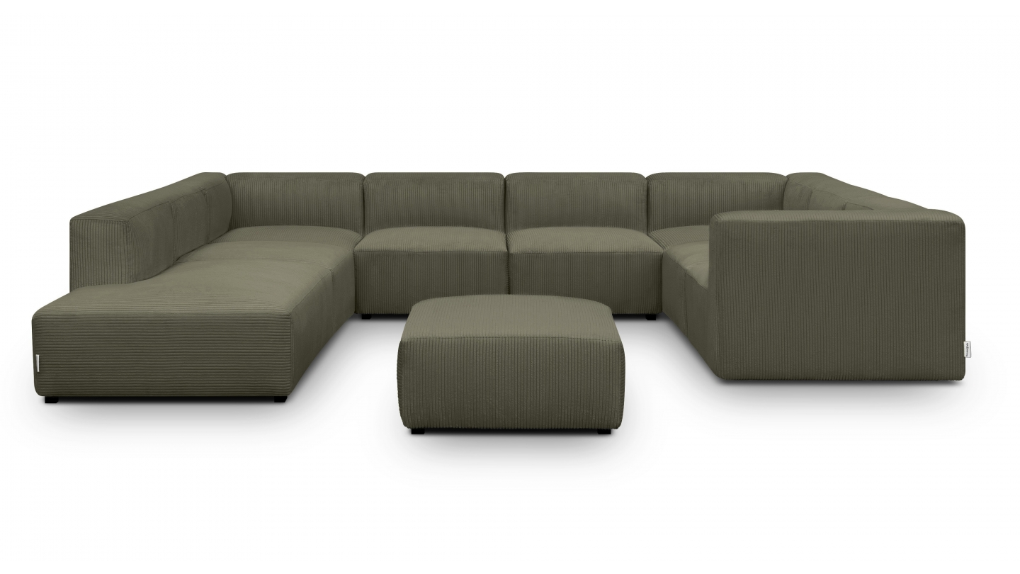 Canapé modulable panoramique 12 places ouvert à gauche + pouf en velours côtelé vert kaki - Modulo