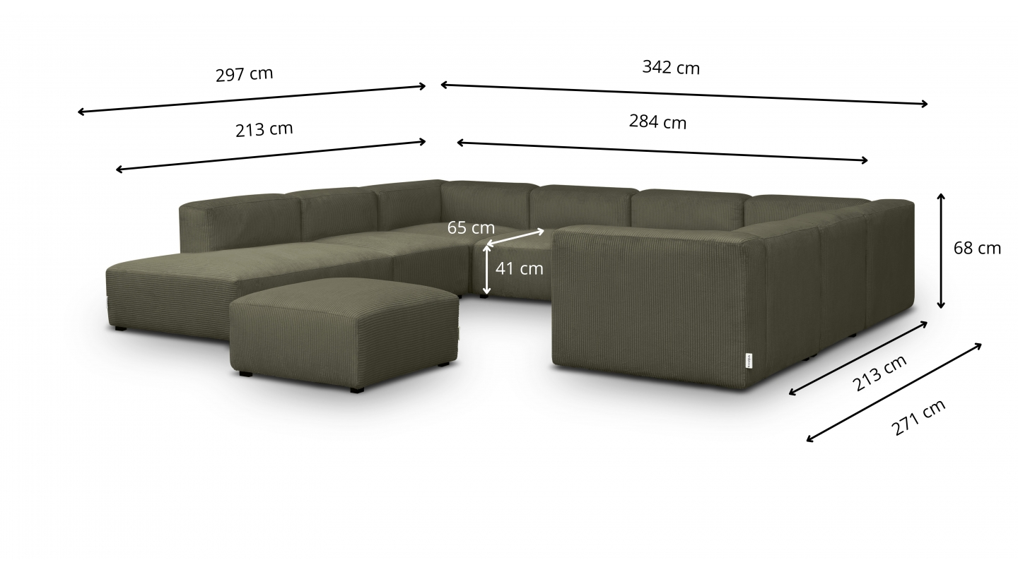 Canapé modulable panoramique 12 places ouvert à gauche + pouf en velours côtelé vert kaki - Modulo