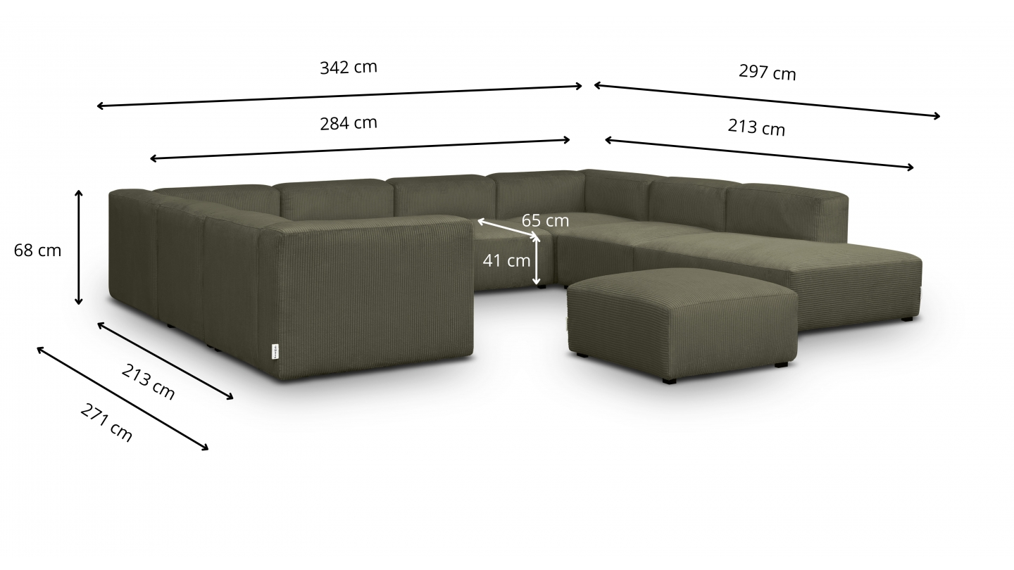 Canapé modulable panoramique 12 places ouvert à droite + pouf en velours côtelé vert kaki - Modulo