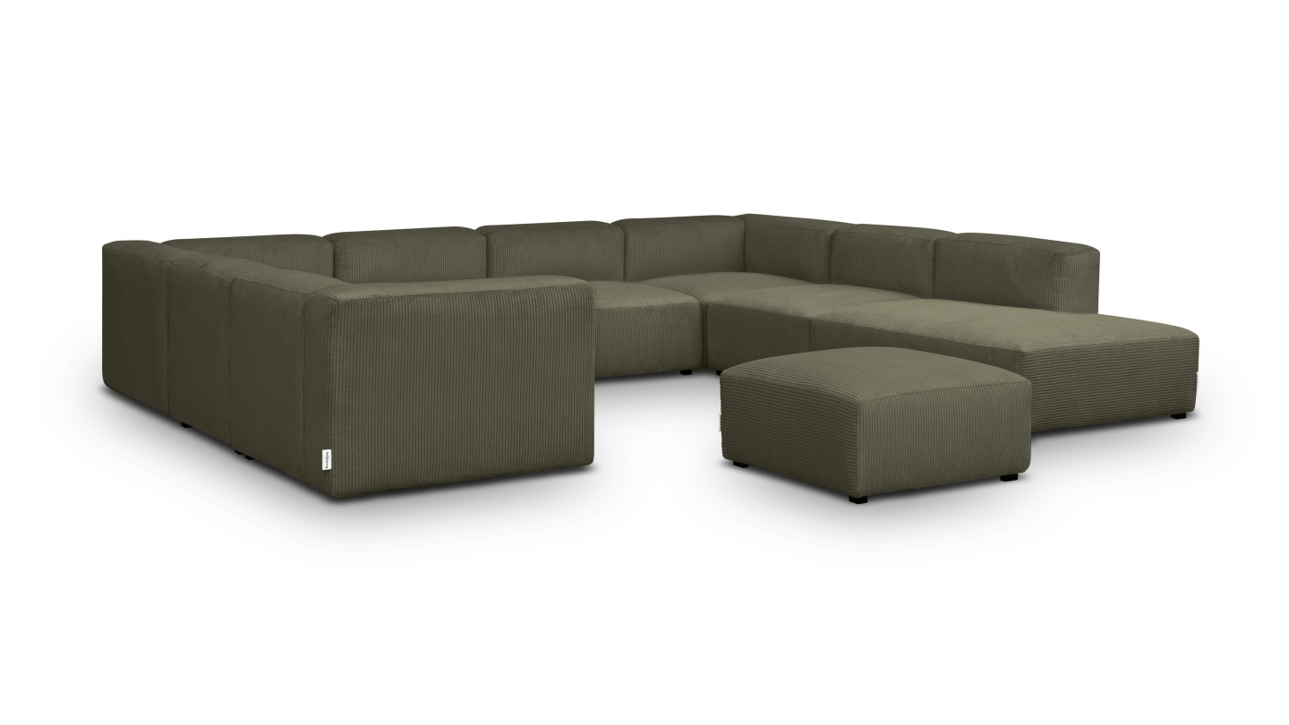 Canapé modulable panoramique 12 places ouvert à droite + pouf en velours côtelé vert kaki - Modulo