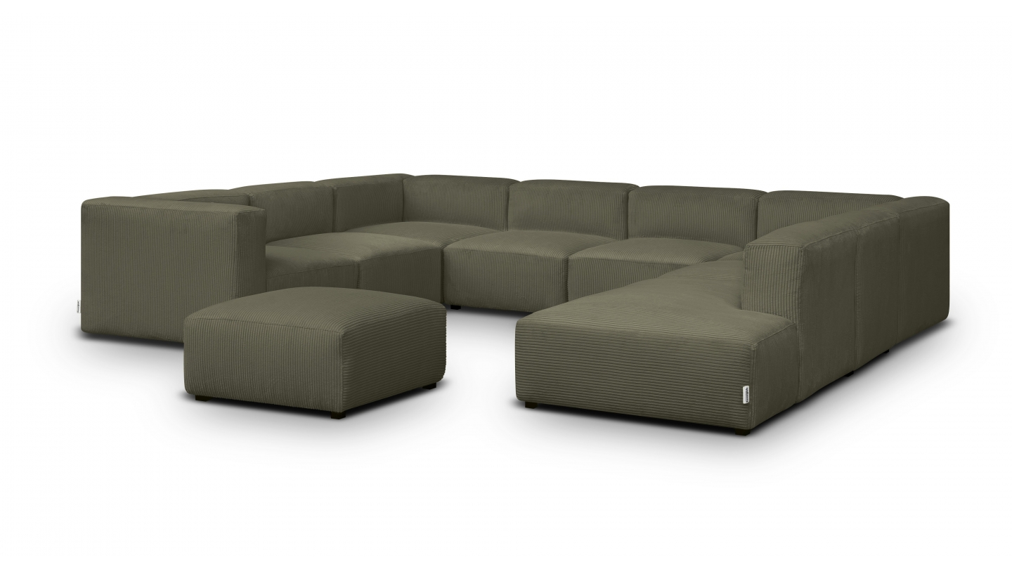 Canapé modulable panoramique 12 places ouvert à droite + pouf en velours côtelé vert kaki - Modulo