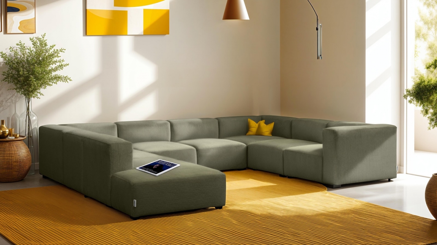Canapé modulable panoramique 12 places ouvert à gauche en velours côtelé vert kaki - Modulo