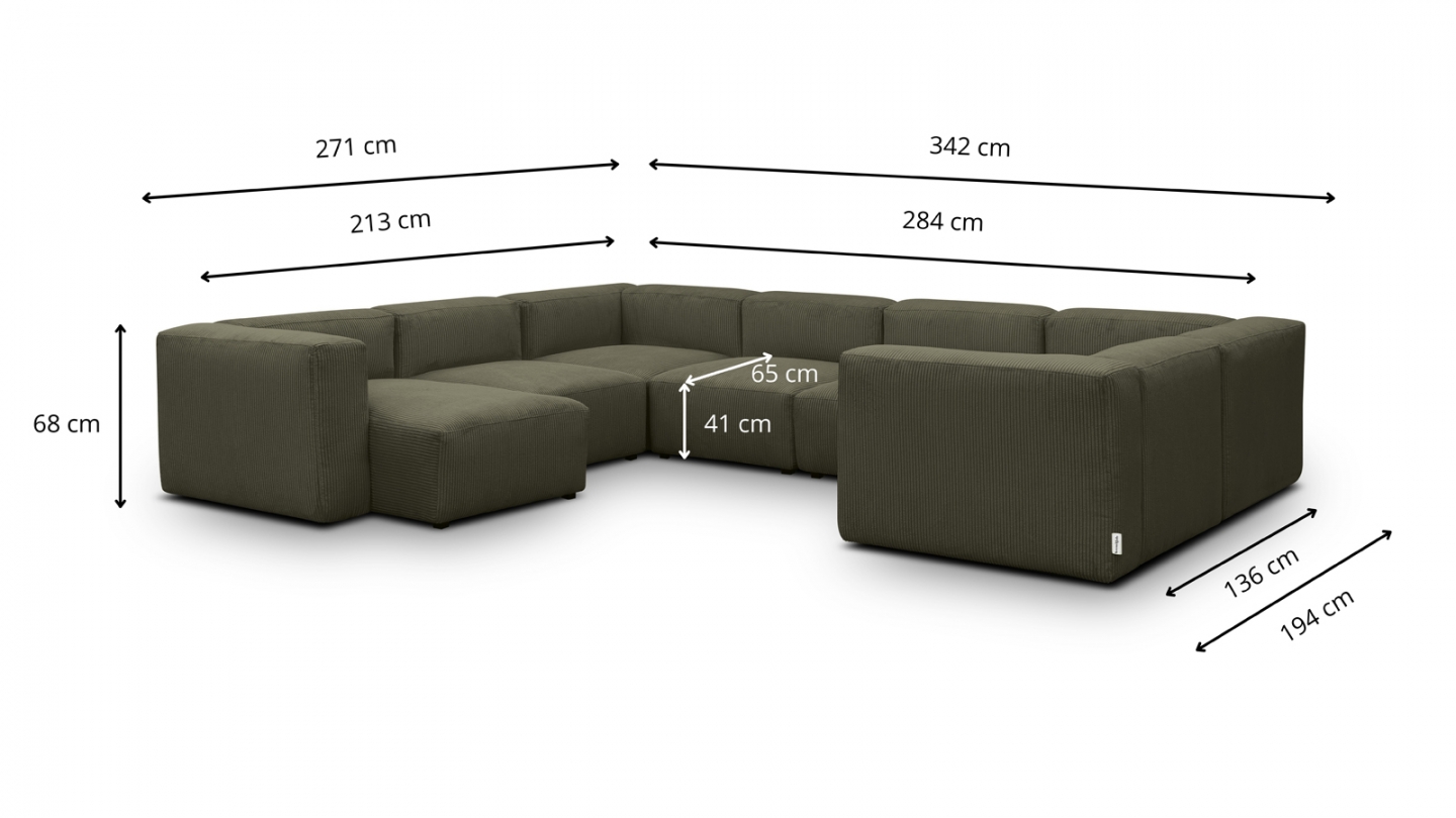 Canapé modulable panoramique 10 places avec méridienne à gauche en velours côtelé vert kaki - Modulo