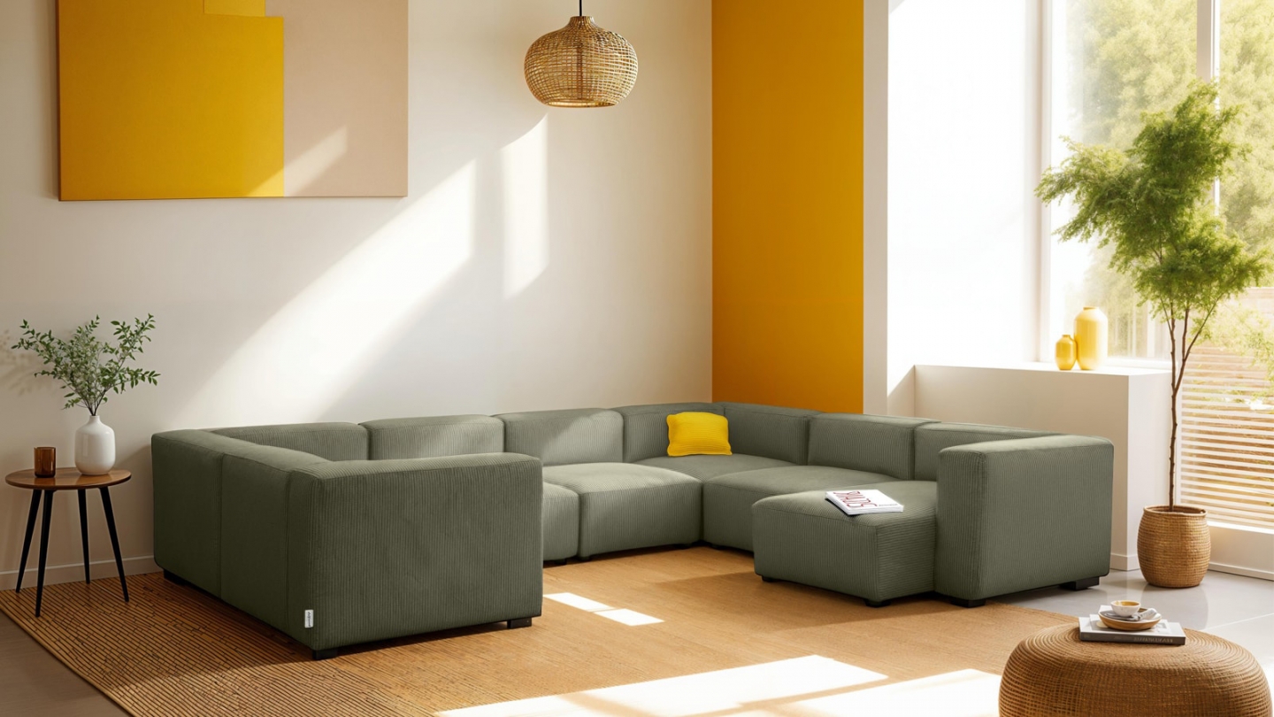 Canapé modulable panoramique 10 places avec méridienne à droite en velours côtelé vert kaki - Modulo