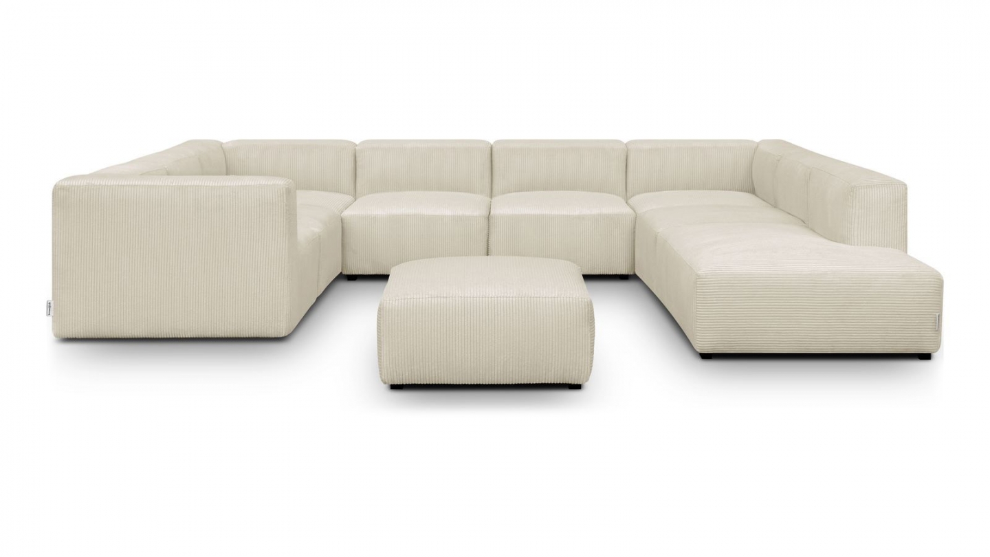 Canapé modulable panoramique 12 places ouvert à droite + pouf en velours côtelé beige - Modulo