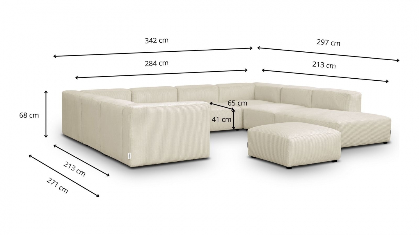 Canapé modulable panoramique 12 places ouvert à droite + pouf en velours côtelé beige - Modulo