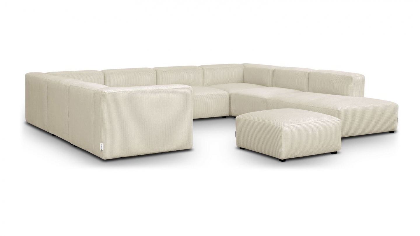 Canapé modulable panoramique 12 places ouvert à droite + pouf en velours côtelé beige - Modulo