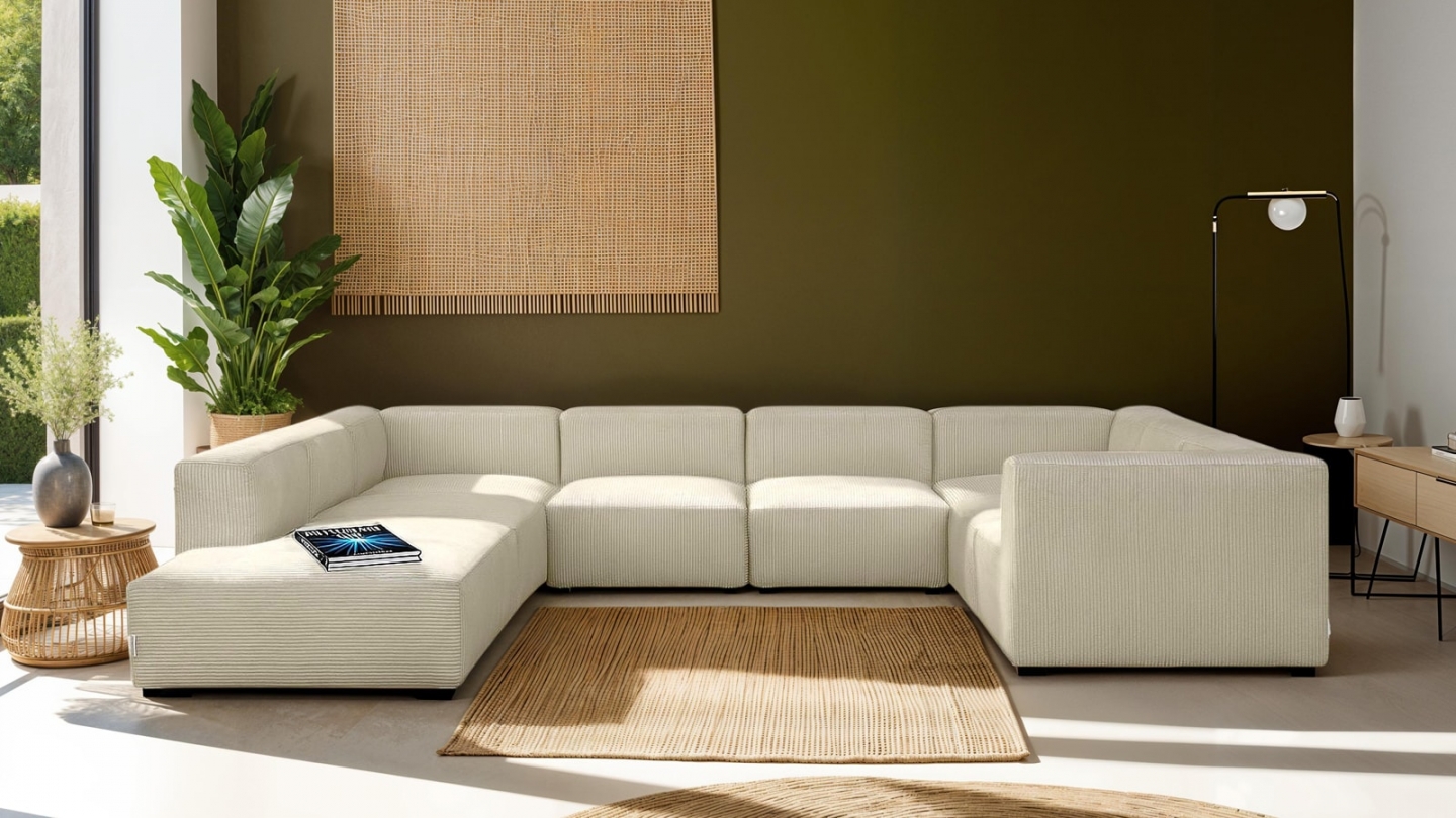 Canapé modulable panoramique 12 places ouvert à gauche en velours côtelé beige - Modulo