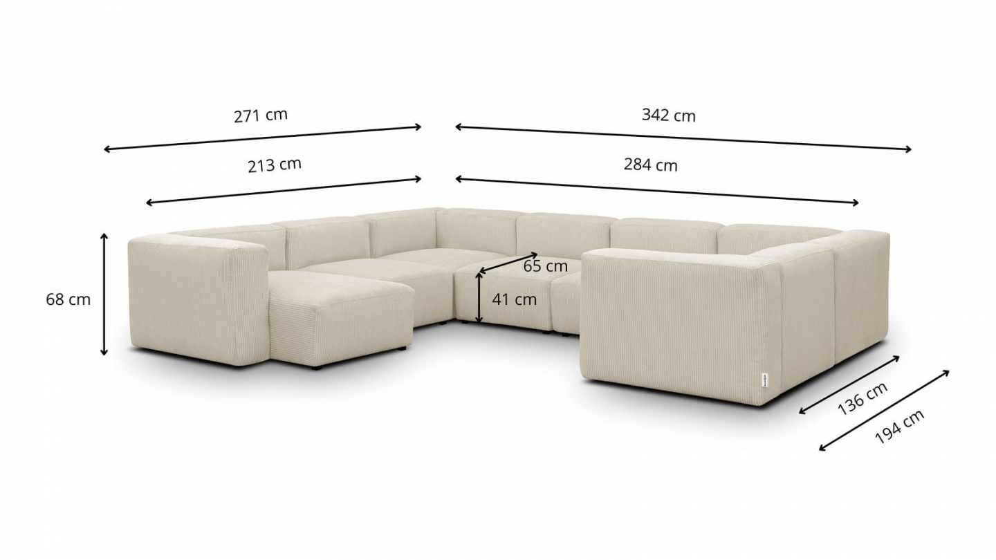 Canapé modulable panoramique 10 places avec méridienne à gauche en velours côtelé beige - Modulo