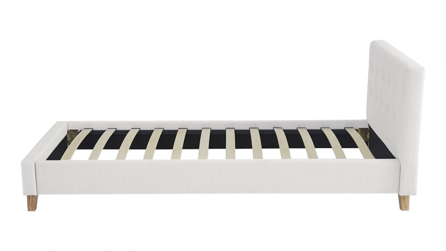 Lit adulte 90x190 cm avec tête de lit capitonnée en tissu beige - Milo