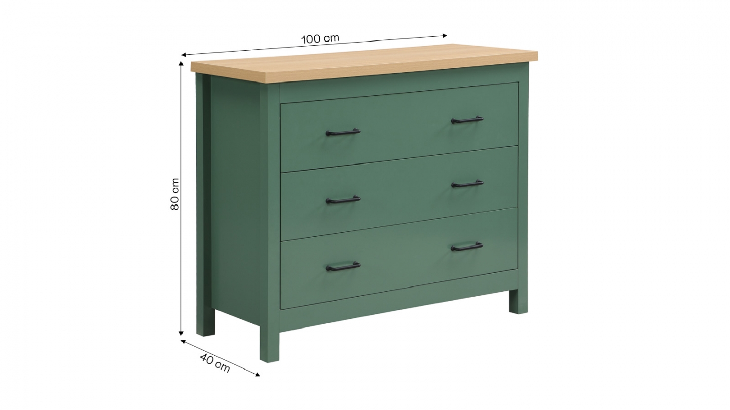 Commode 3 tiroirs verte 100 cm - Sana