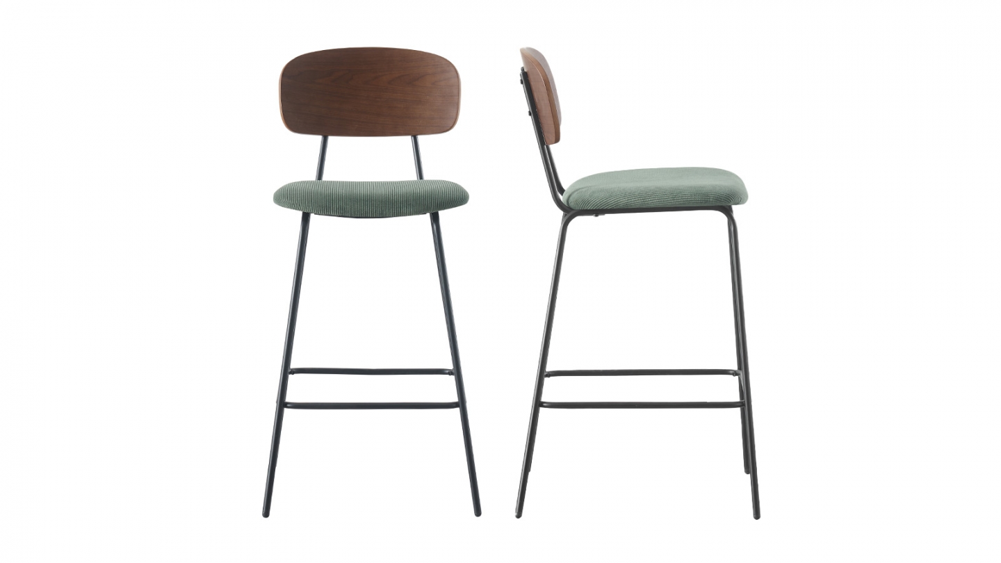 Lot de 2 tabourets de bar en velours côtelé vert kaki - Dany