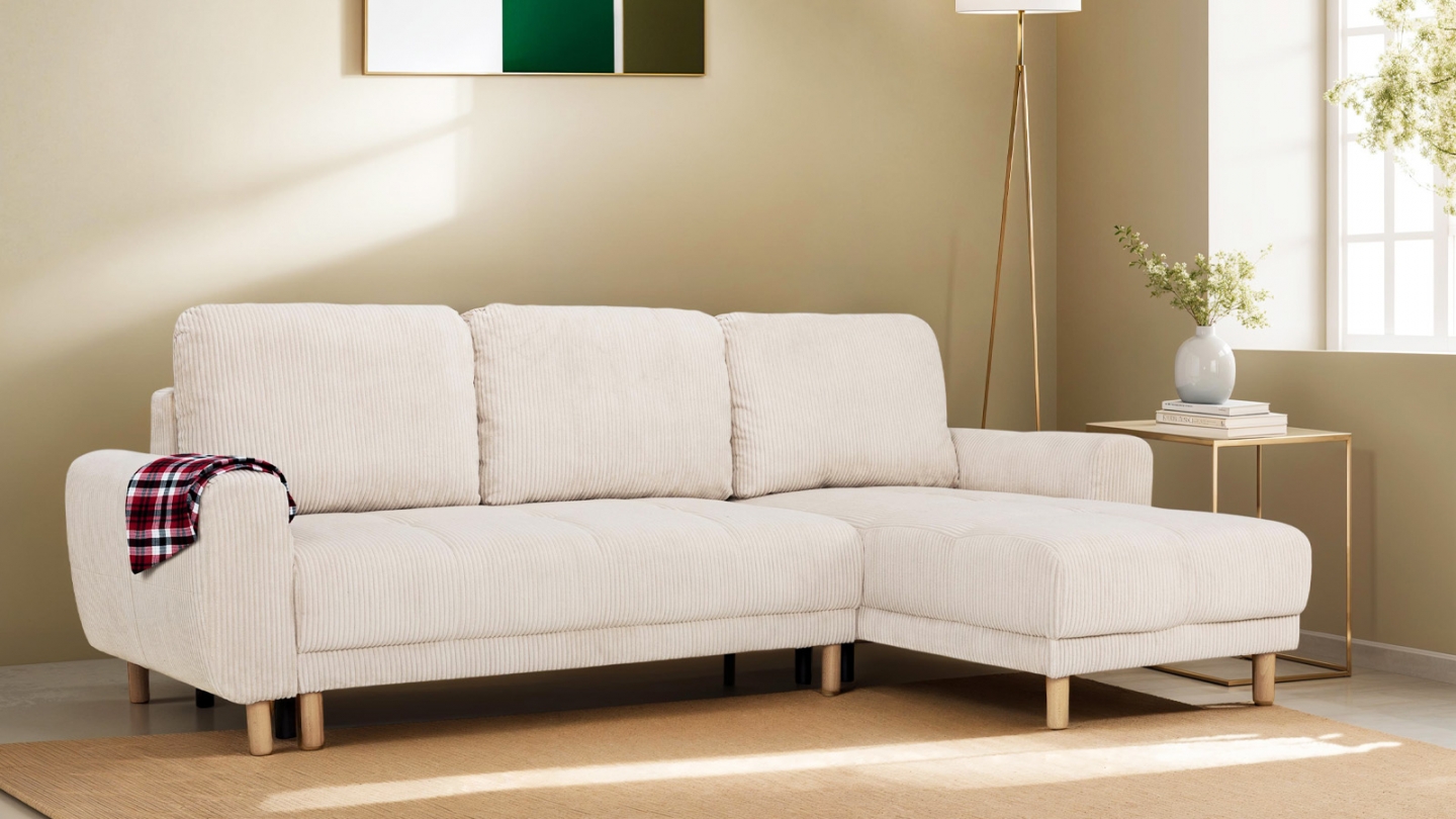 Canapé d'angle convertible réversible 3/4 places en velours côtelé beige - Alva