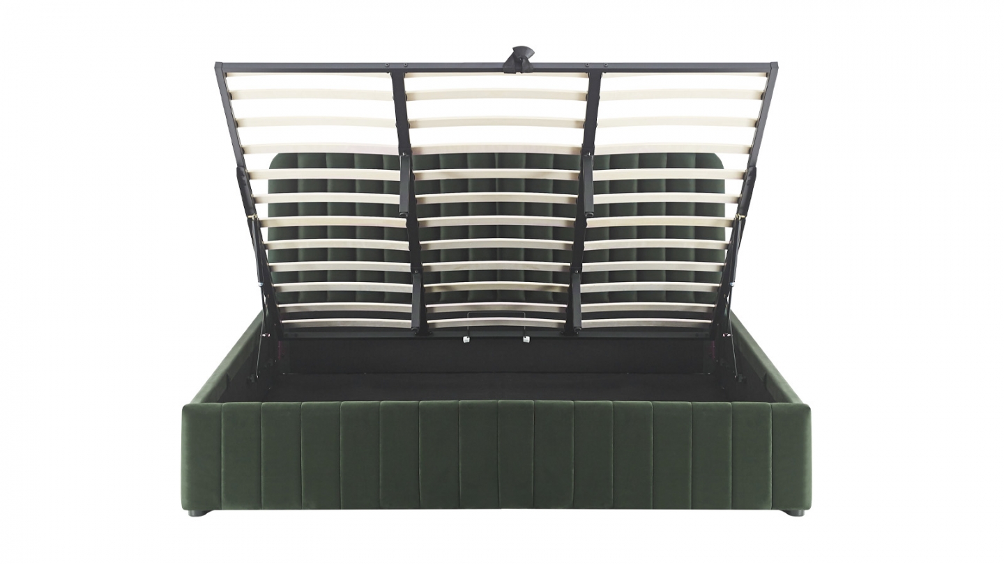 Lit coffre adulte 180x200 cm avec tête de lit capitonnée en velours vert kaki - Ava