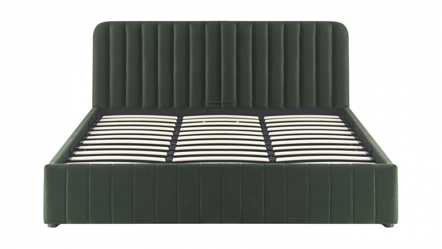 Lit coffre adulte 180x200 cm avec tête de lit capitonnée en velours vert kaki - Ava