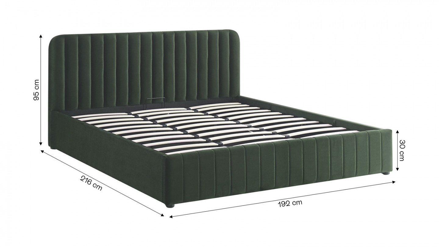 Lit coffre adulte 180x200 cm avec tête de lit capitonnée en velours vert kaki - Ava