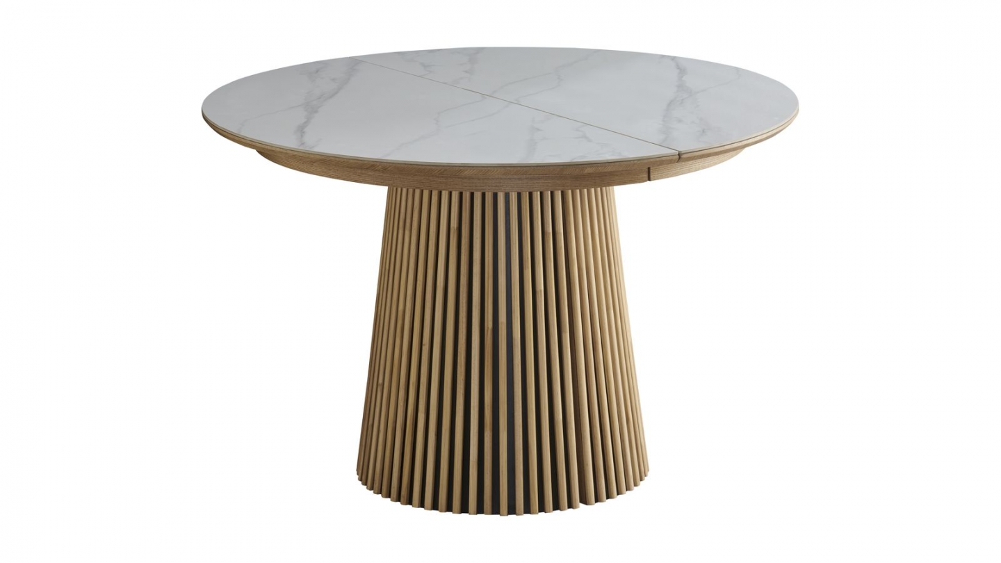 Table à manger ronde extensible plateau en céramique effet marbre et piètement bois clair 4 à 8 pers. 120/200 cm - Ada