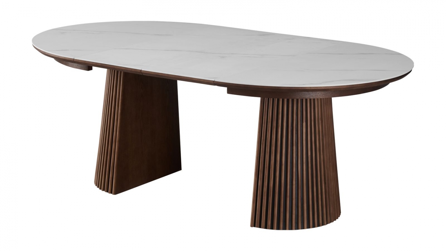 Table à manger ronde extensible plateau en céramique effet marbre et piètement en effet noyer 4 à 8 pers. 120/200 cm - Ada