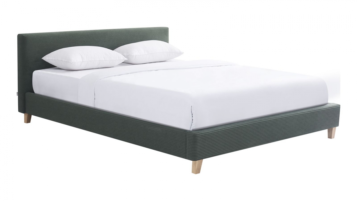 Lit adulte 140x190 cm avec tête de lit capitonnée en velours côtelé vert kaki - Milo