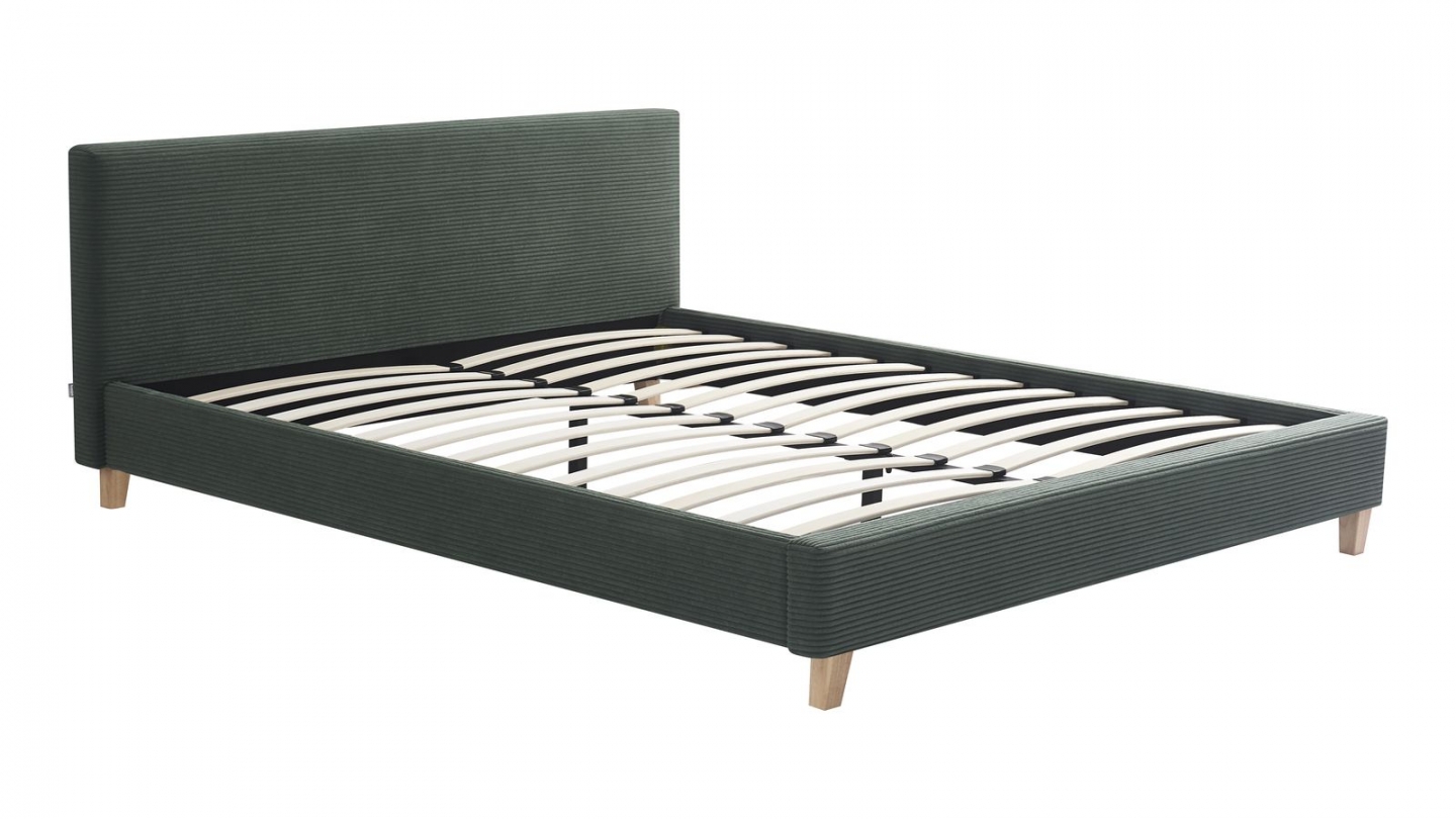 Lit adulte 140x190 cm avec tête de lit capitonnée en velours côtelé vert kaki - Milo