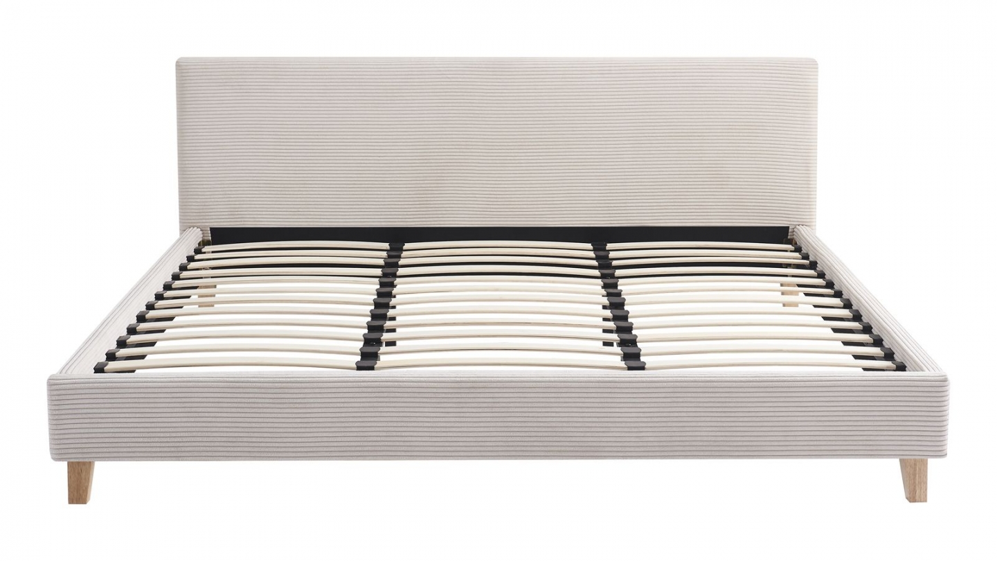 Lit adulte 180x200 cm avec tête de lit capitonnée en velours côtelé beige - Milo