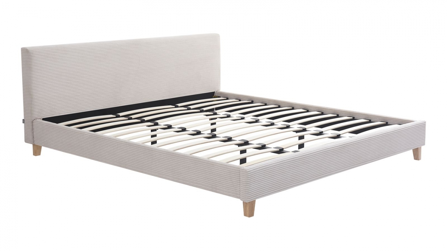 Lit adulte 180x200 cm avec tête de lit capitonnée en velours côtelé beige - Milo