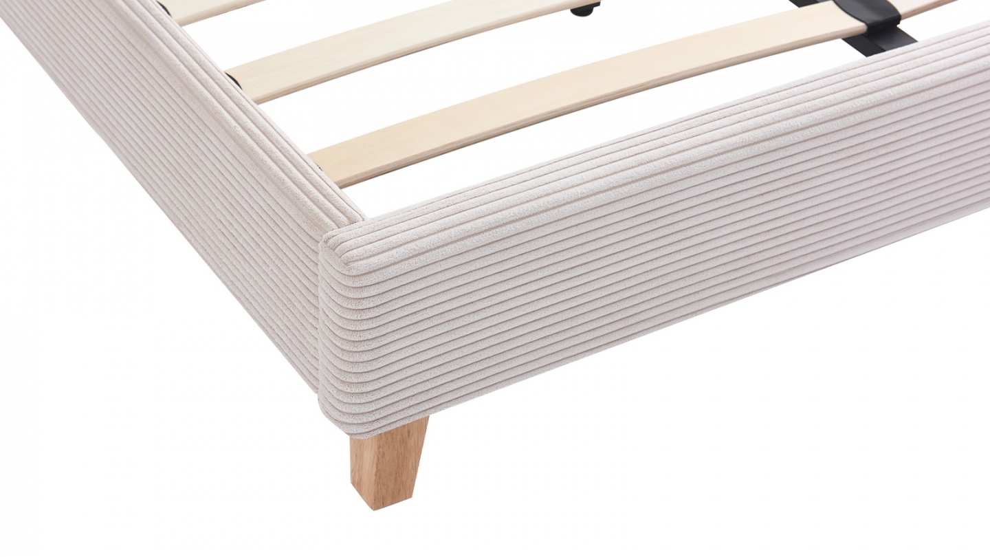 Lit adulte 180x200 cm avec tête de lit capitonnée en velours côtelé beige - Milo