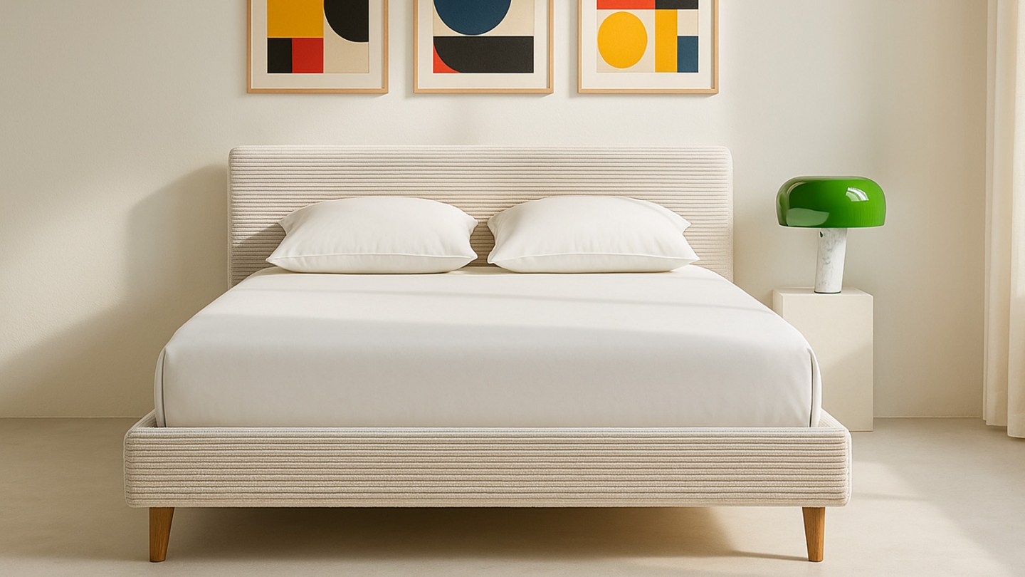 Lit adulte 140x190 cm avec tête de lit capitonnée en velours côtelé beige - Milo